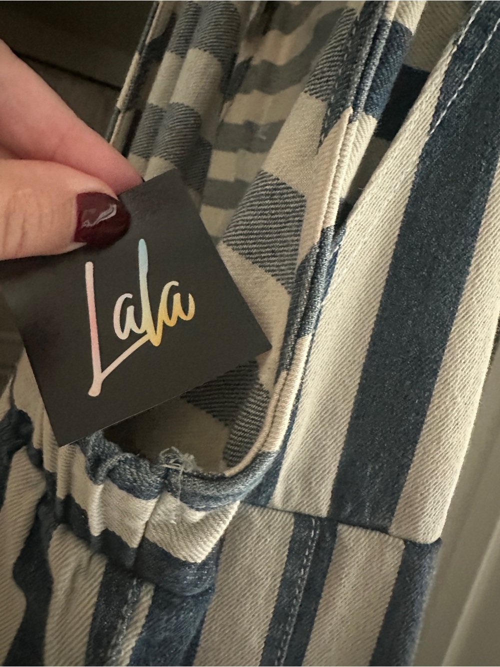 Dressed in LALA Blue and Cream Striped Jeans Overalls
